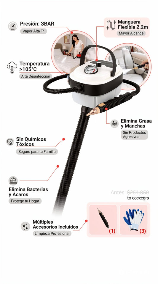Limpiador a Vapor Portátil Multiuso 110V – Limpieza Profunda con Vapor de Alta Temperatura.